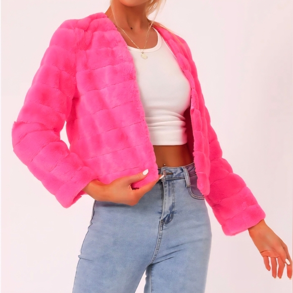 Allegra K Pink Faux Fur Teddy Jacket #727 - Picture 1 of 9